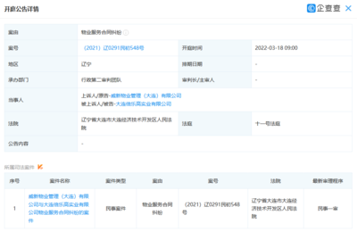 大连威新物业管理新增开庭公告 案由系物业服务合同纠纷